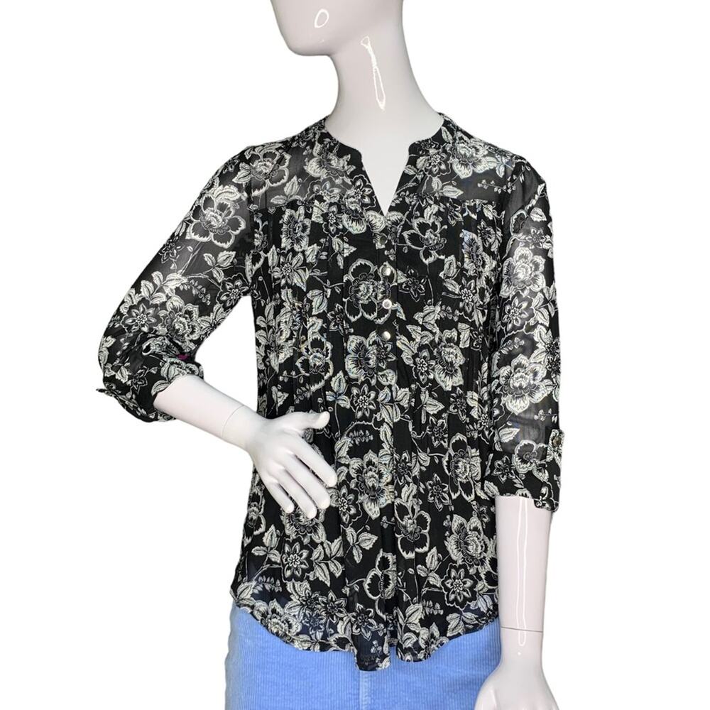 Ava & Grace Blouse Pullover Black and White 3/4 Sleeve Pleated Front Size S